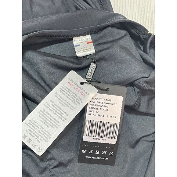 NWT Relleciga One Piece Adjustable Spaghetti Strap Swimsuit Black Womens Size M - Picture 5 of 7